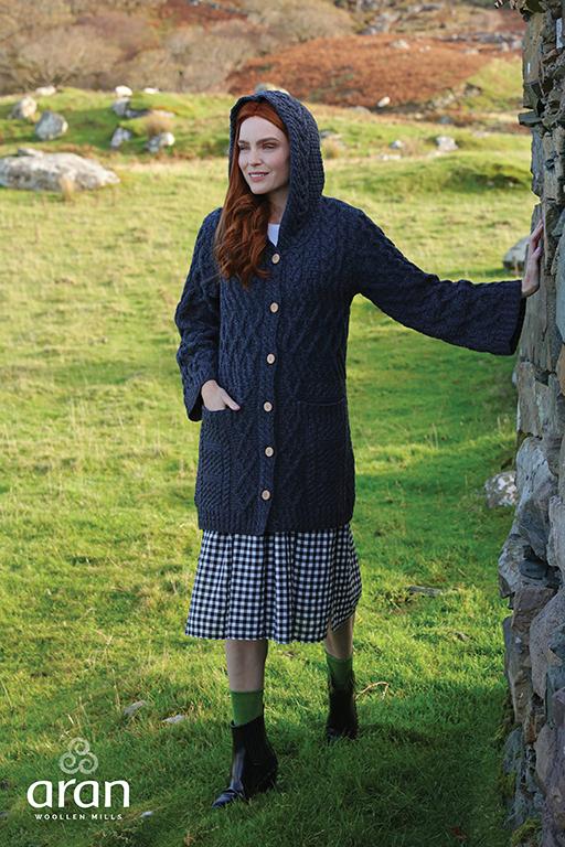 Ladies Long Merino Wool Cardigan with Hood by Aran Mills