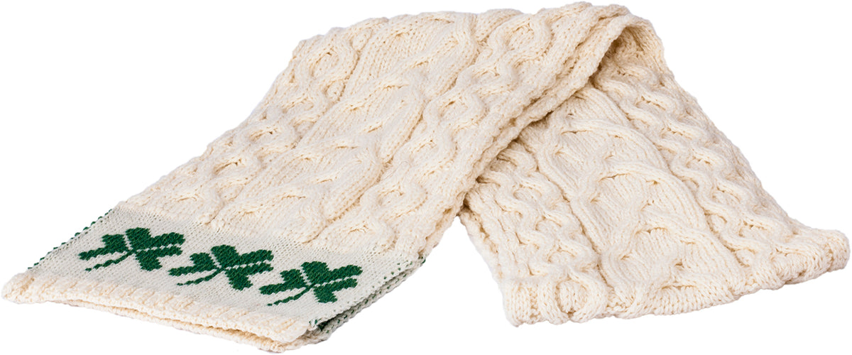 Unisex Merino Wool Cable Pattern Scarf with Shamrock Design by Aran Mills