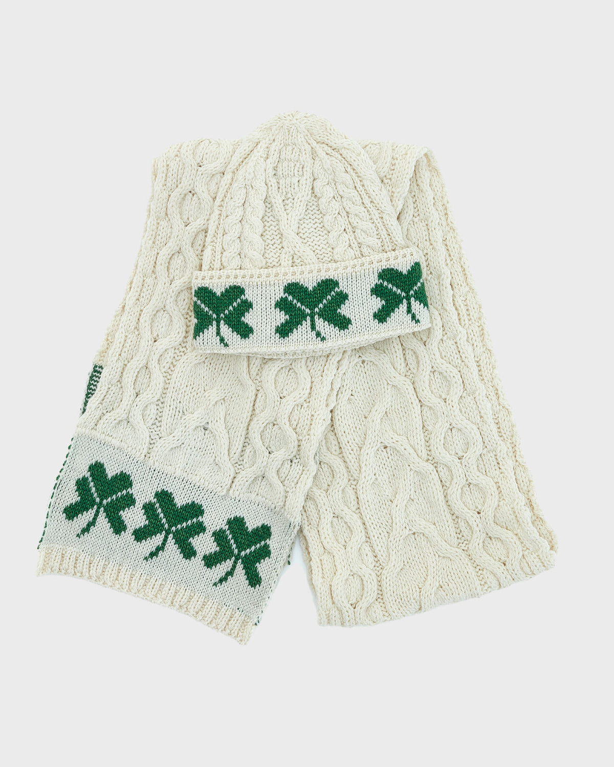 Unisex Merino Wool Cable Pattern Scarf with Shamrock Design by Aran Mills