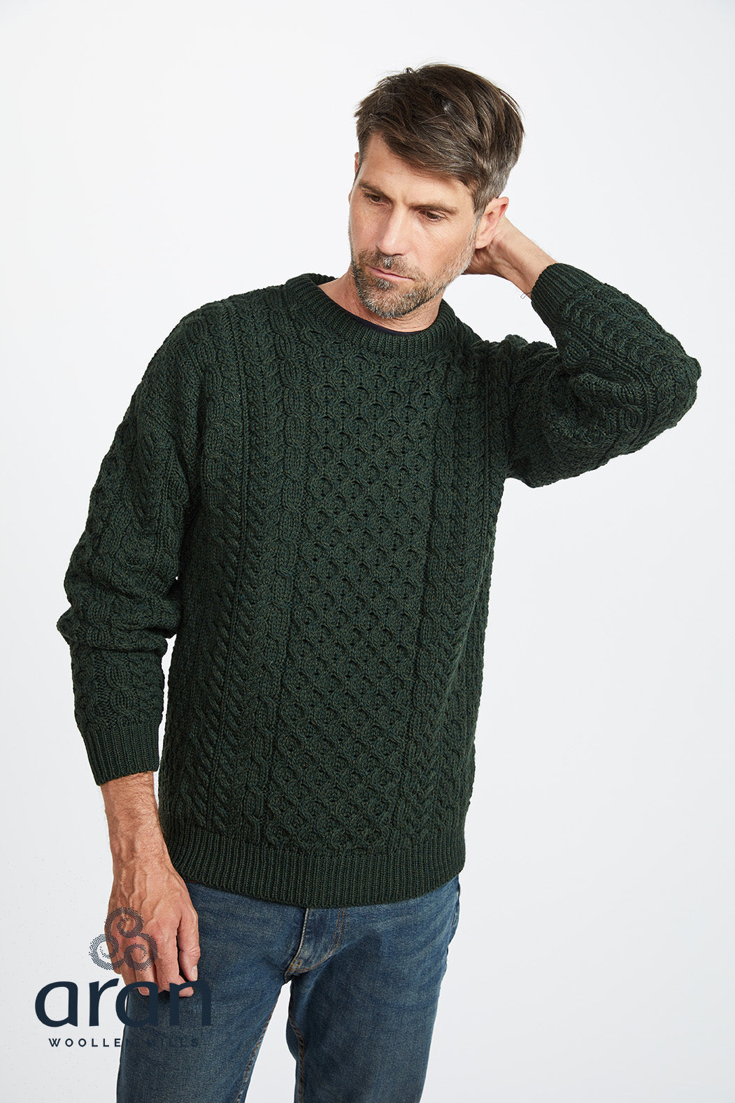 Aran Crew Neck Merino Sweater | Blue - XXL