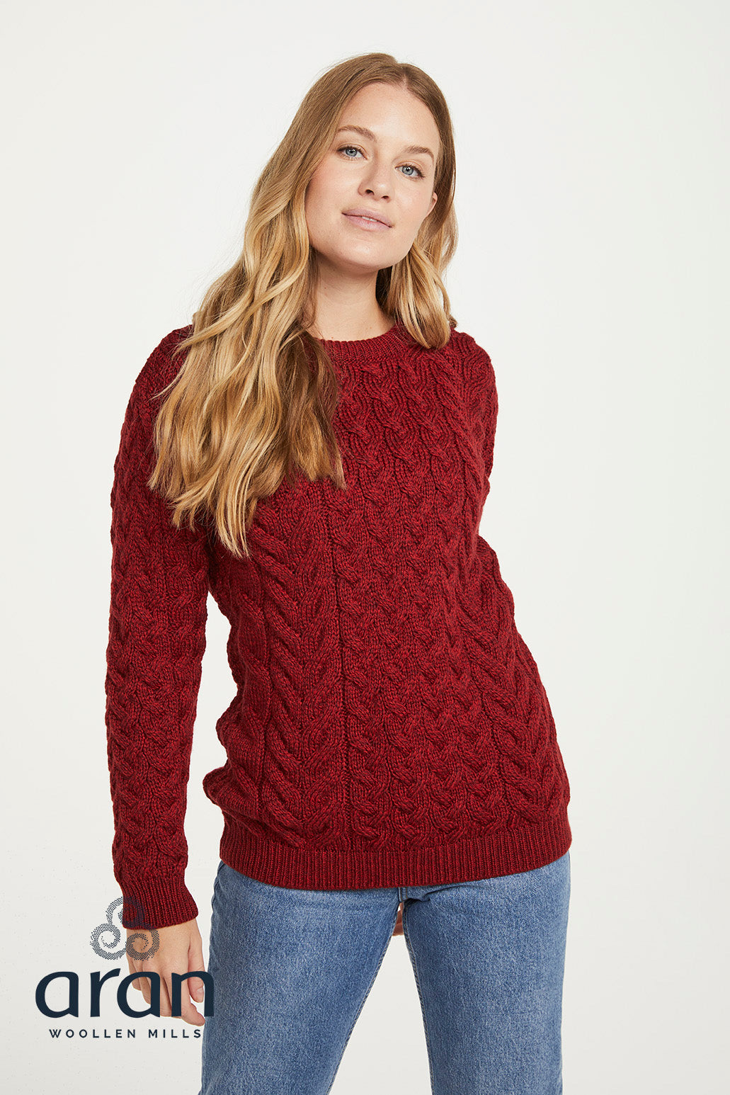 Ladies Supersoft Merino Wool Cable Crew Neck Sweater by Aran Mills - 5 Colours
