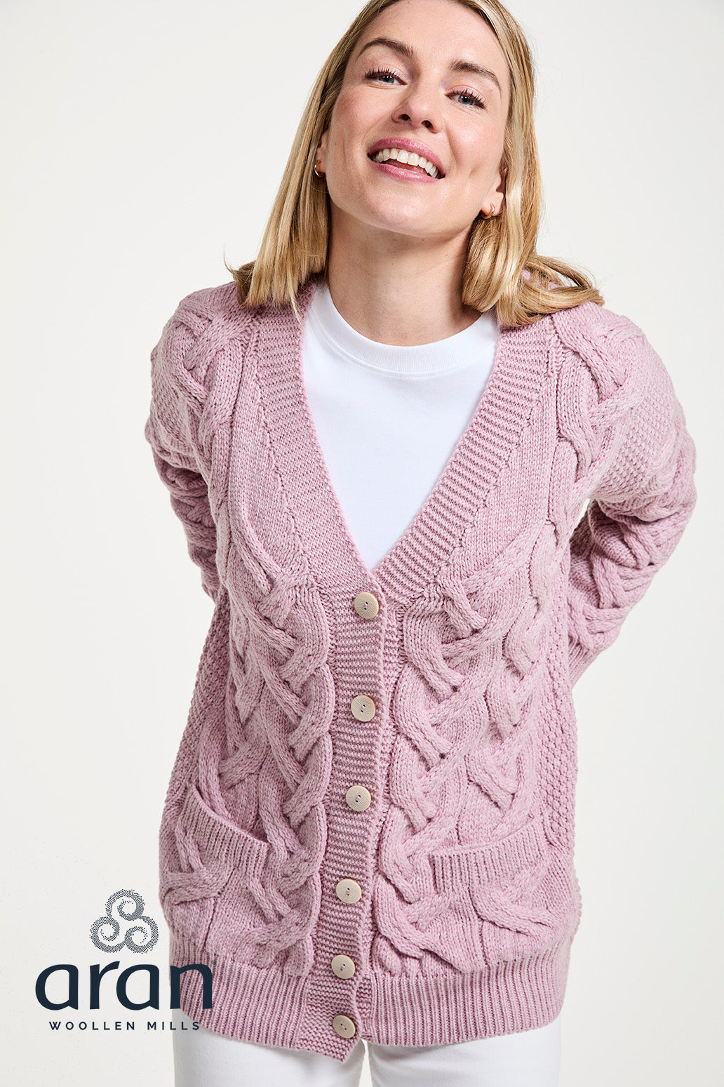 Ladies Supersoft Merino Wool Chunky V-Neck Cable Cardigan by Aran Mills