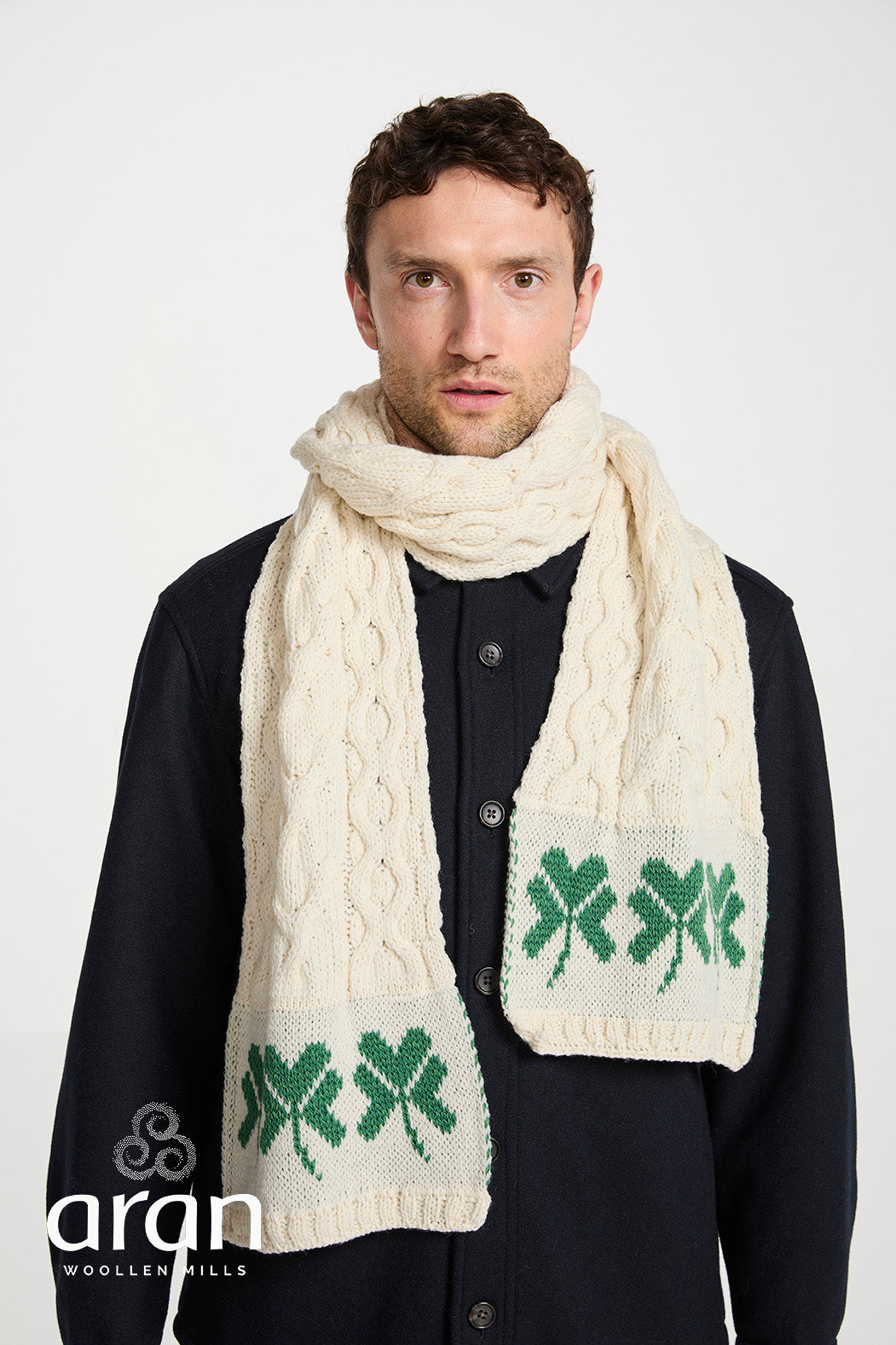 Unisex Merino Wool Cable Pattern Scarf with Shamrock Design by Aran Mills