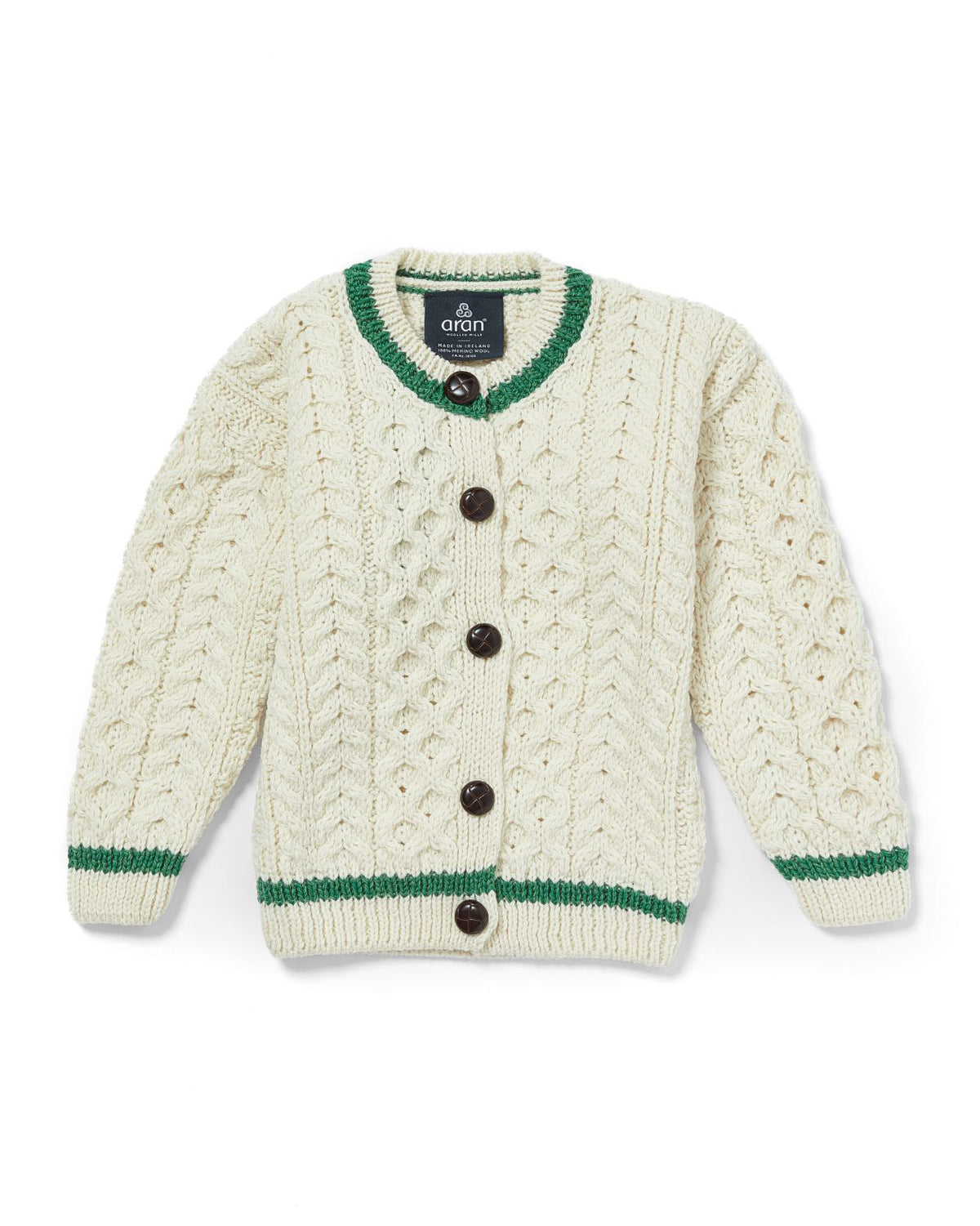 Childrens Merino Wool Stripe Detail Button Cardigan by Aran Mills - Cream/Green