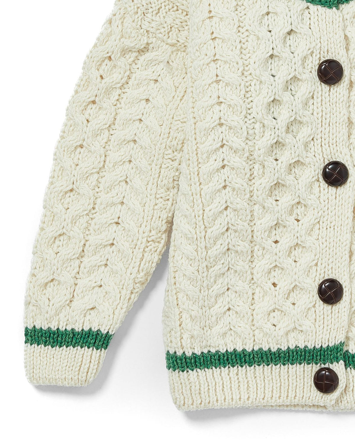 Childrens Merino Wool Stripe Detail Button Cardigan by Aran Mills - Cream/Green