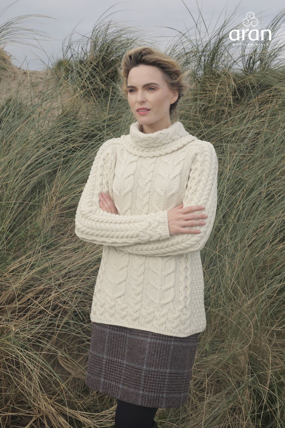 Ladies Merino Wool Cowl Neck Sweater by Aran Mills - Cream
